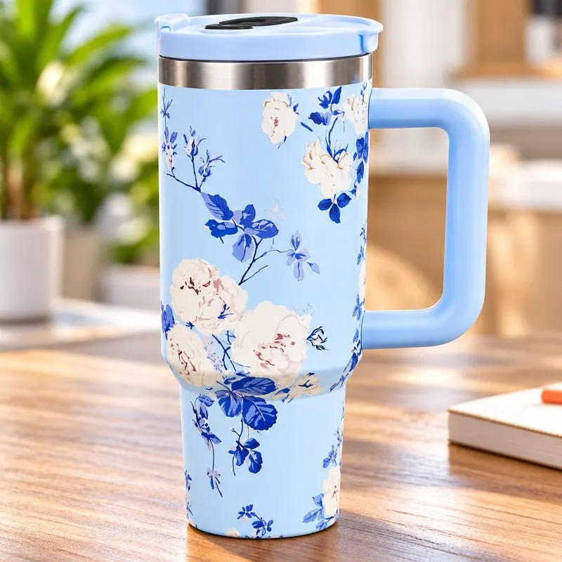 Blue Floral Handled Tumbler